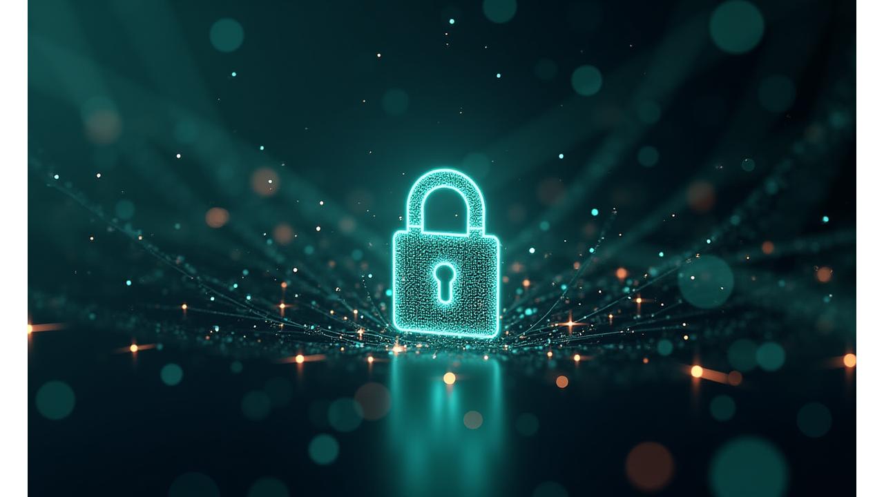 Un candado digital brillante y seguro sobre un fondo abstracto de códigos binarios y redes, representando las robustas medidas de seguridad implementadas para proteger los datos financieros y personales.