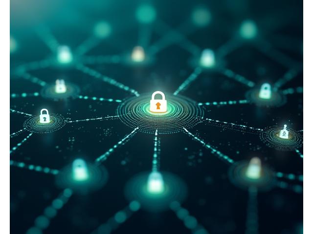 Una red de nodos interconectados con flechas que indican un flujo de datos seguro y controlado entre ellos, representando la política de compartición de información transparente y regulada.
