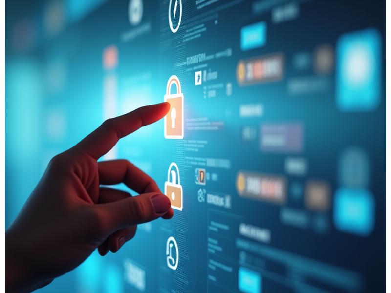 Una mano humana interactuando con una pantalla táctil que muestra opciones de privacidad y control de datos, con íconos de ajustes y candados, simbolizando el control del usuario sobre su información.
