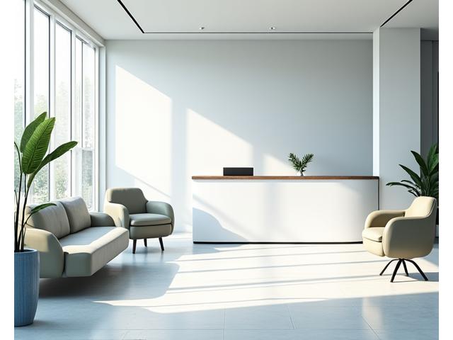 Interior de una oficina moderna y luminosa con zona de recepción y asientos cómodos