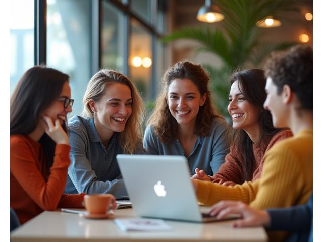 Grupo diverso de freelancers colaborando y sonriendo en un espacio de coworking moderno.