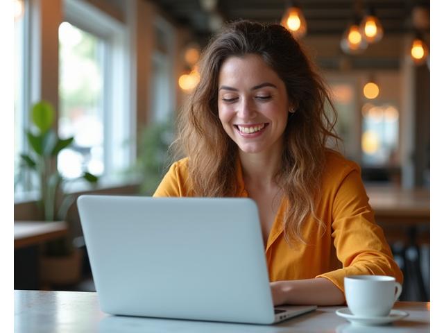 Mujer emprendedora feliz trabajando desde su laptop en una cafetería, simbolizando libertad financiera.