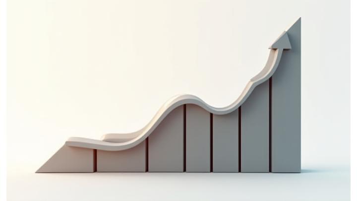 Gráfico de barras que representan ingresos variables a lo largo del tiempo con una línea suave de promedio.