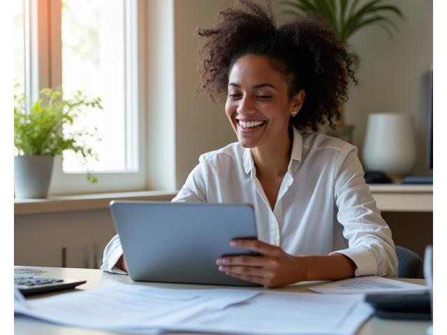 Persona sonriendo mientras revisa un documento fiscal, con tablet y calculadora en un escritorio limpio.