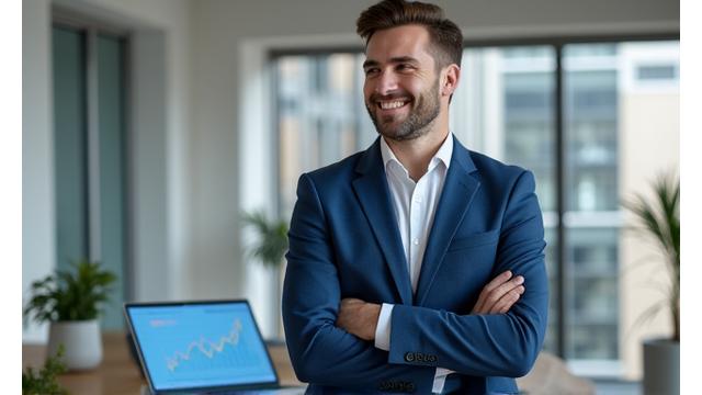 Persona sonriente con ropa profesional, símbolo de éxito tras manejar deudas.