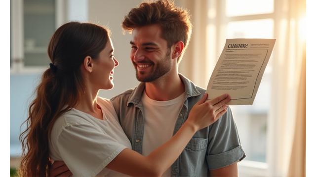 Pareja joven celebrando la libertad financiera, quizás con documentos de préstamos cancelados.