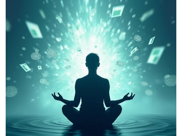 Persona meditando con símbolos financieros flotando a su alrededor, representando paz mental sobre las finanzas.