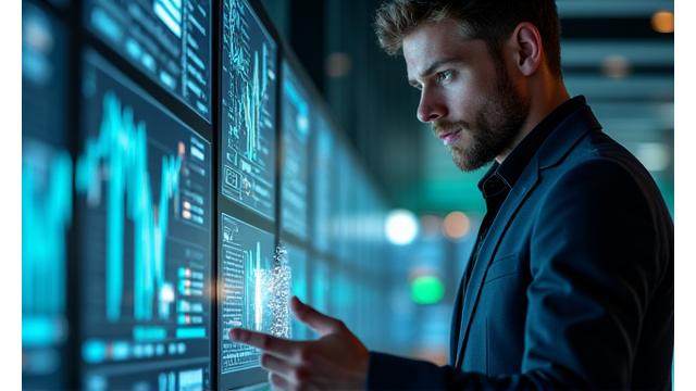 Profesional de tecnología analizando datos en una pantalla, con un diseño moderno de UX/UI sobre libertad financiera