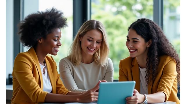 Grupo de mujeres profesionales con expresión de confianza, mirando hacia el futuro y discutiendo finanzas en un ambiente colaborativo