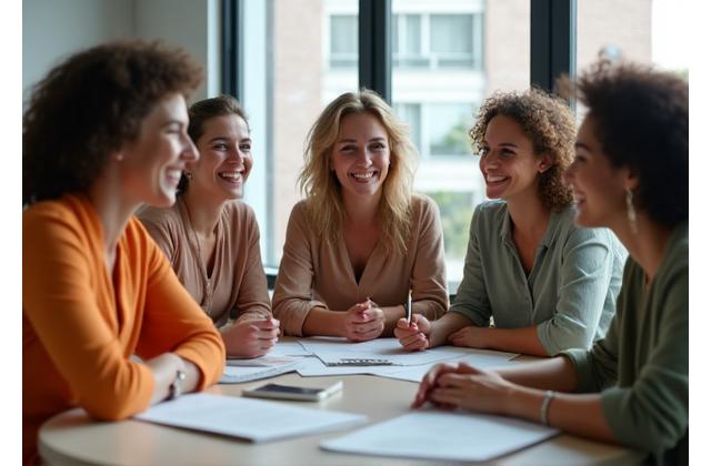 Grupo diverso de mujeres sonrientes en un entorno colaborativo