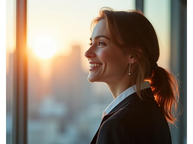Mujer sonriente y segura de sí misma mirando al horizonte financiero