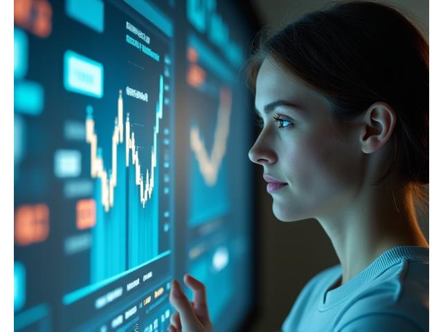 Mujer analizando gráficos financieros con confianza
