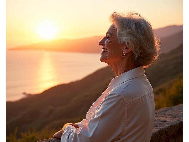 Mujer sonriente disfrutando de un atardecer, simbolizando una jubilación plena