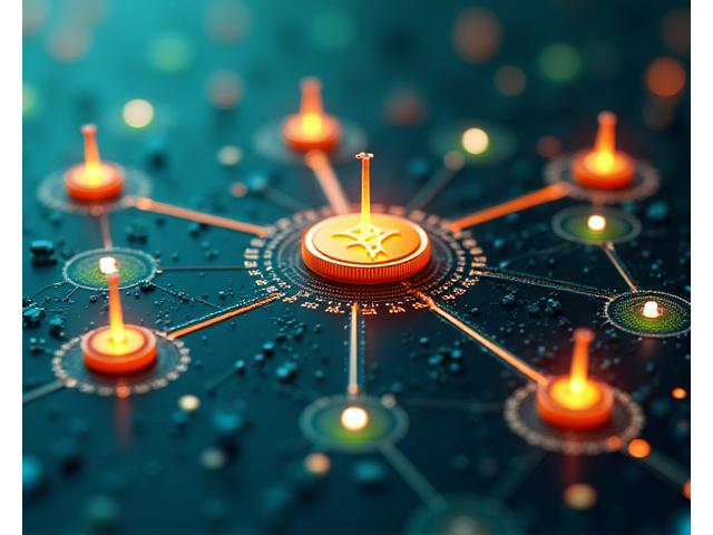 Icono estilizado de Bitcoin y otras criptomonedas con líneas conectando nodos, representando una red blockchain