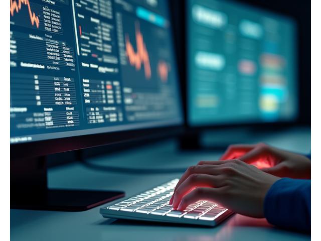 Gráfico de acciones y opciones de acciones en una pantalla de computadora con manos escribiendo en un teclado
