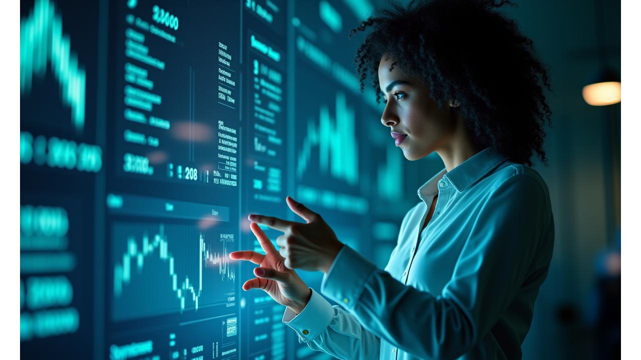 Profesional de tecnología analizando gráficos financieros en una pantalla con elementos de código y burbujas de inversión