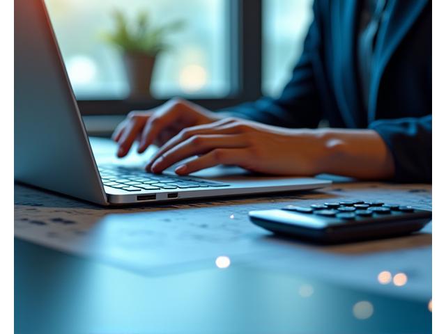 Persona trabajando en una computadora portátil con documentos fiscales y una calculadora, elementos de código superpuestos