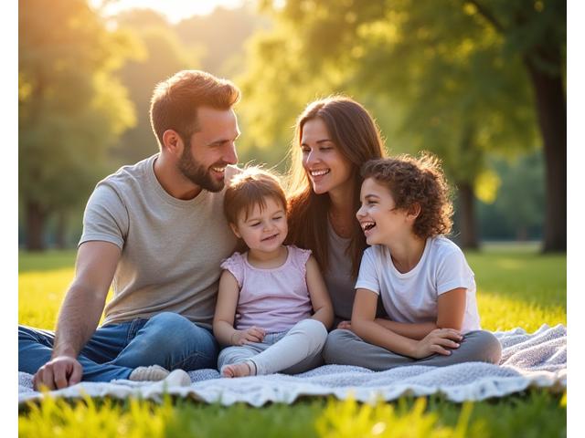 Familia feliz en un parque, con niños jugando, representando la seguridad financiera familiar.