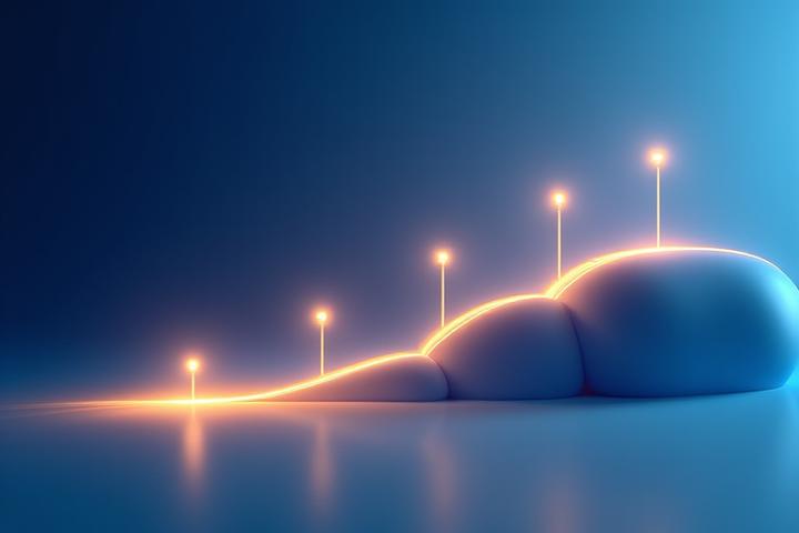 Representación visual de una línea de tiempo financiera con hitos importantes y gráficos de crecimiento, simbolizando seguridad y prosperidad a largo plazo.