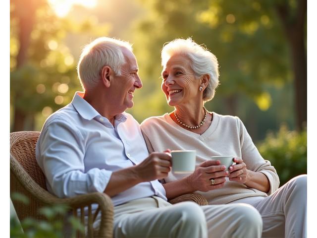 Pareja conversando sonriente en su jardín, simbolizando preparación para la jubilación tranquila.
