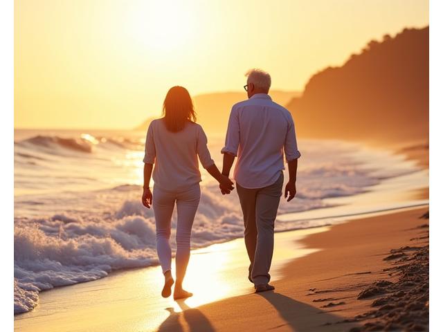Pareja mayor relajándose en la playa, disfrutando de la vida, representando una jubilación cómoda.