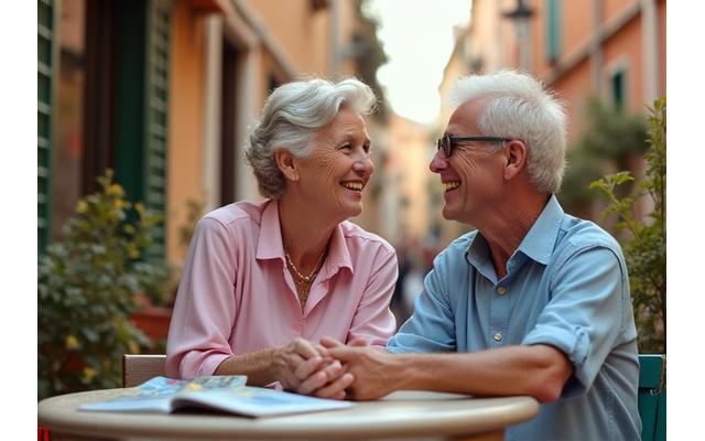 Pareja adulta mayor feliz charlando en una cafetería al aire libre en un destino turístico, con una maleta al lado y mapas, simbolizando libertad para viajar y disfrutar.
