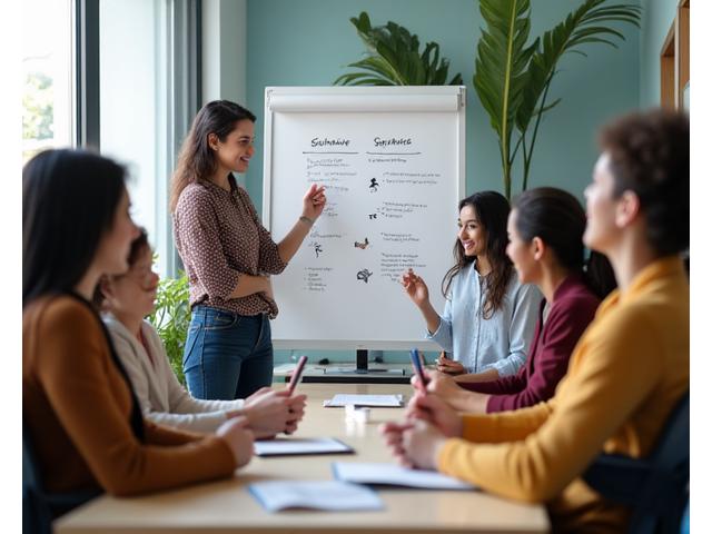 Grupo diverso de personas de diferentes edades participando en un taller de educación financiera, con un ambiente positivo y colaborativo.