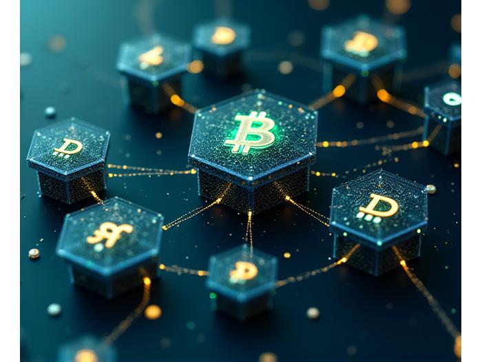 Representación de conceptos de criptomonedas y finanzas descentralizadas (DeFi) con símbolos de blockchain