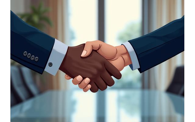 Primer plano de dos manos unidas sobre una mesa de madera, simbolizando acuerdo y resolución pacífica