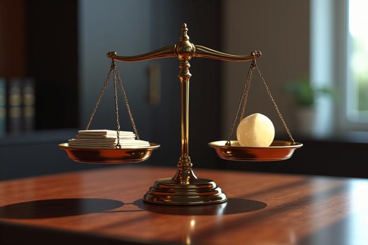 Escala de equilibrio con elementos financieros, simbolizando equidad y límites de responsabilidad