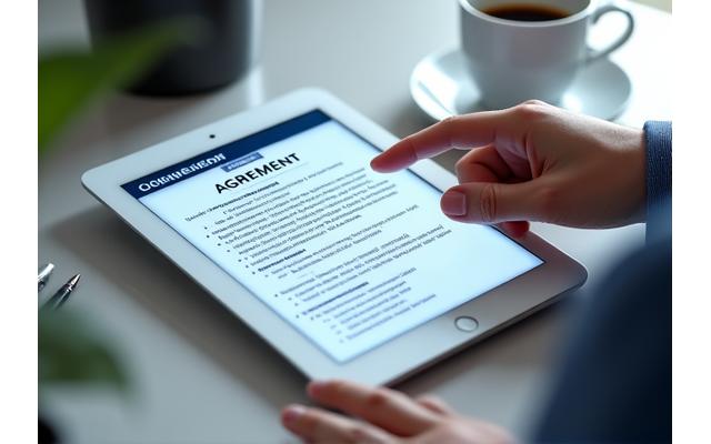 Representación de un acuerdo digital o documento legal en una tableta, simbolizando transparencia y acuerdo