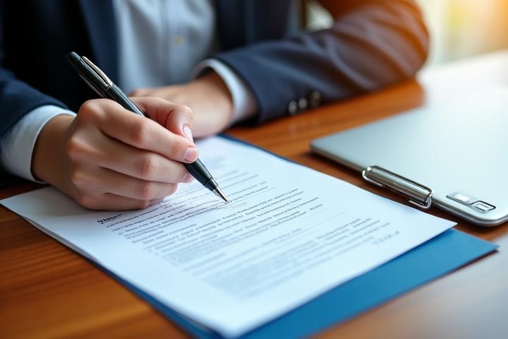 Persona responsable revisando documentos con un bolígrafo, simbolizando el cumplimiento de obligaciones